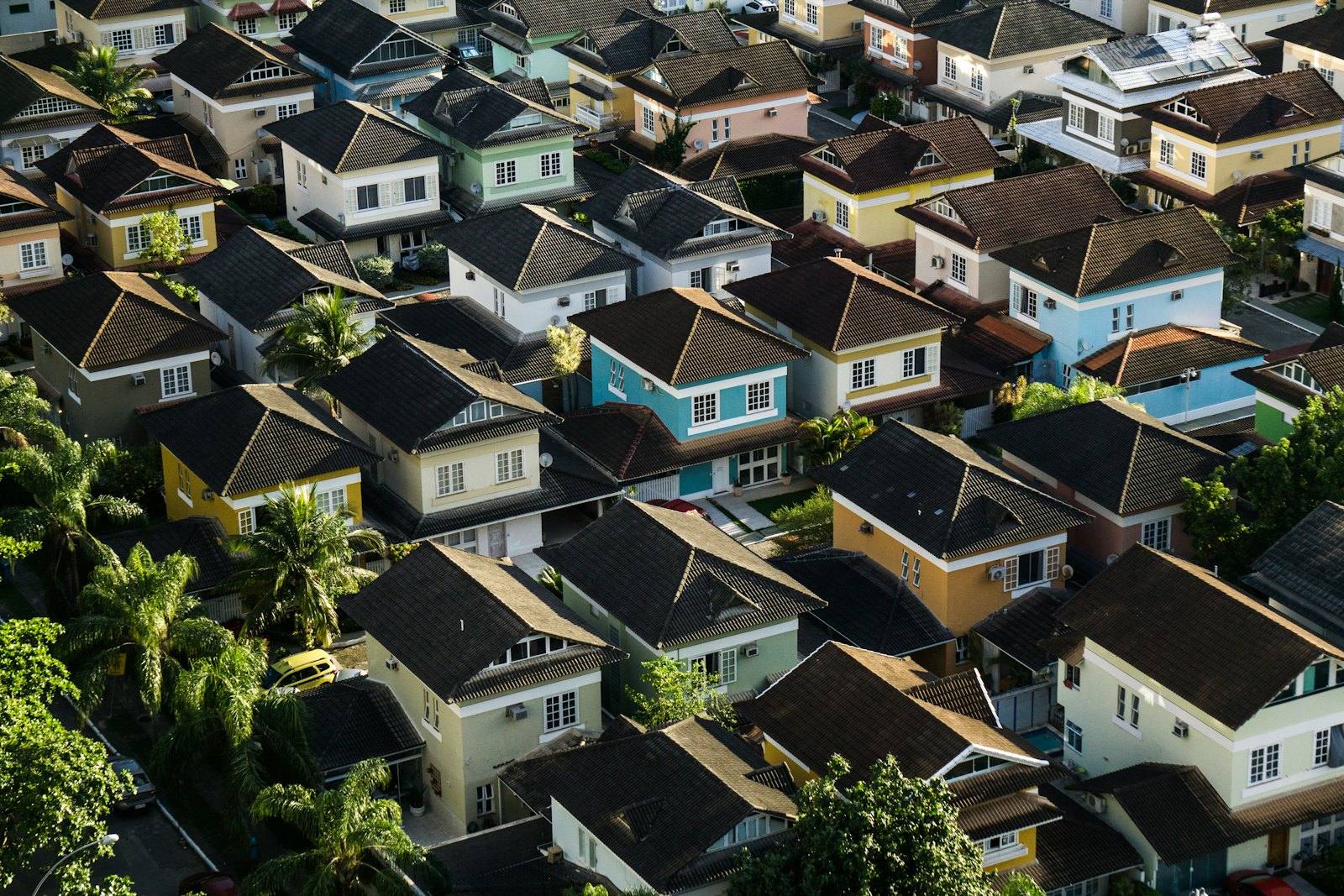 An aerial view of a neighborhood of single-family homes